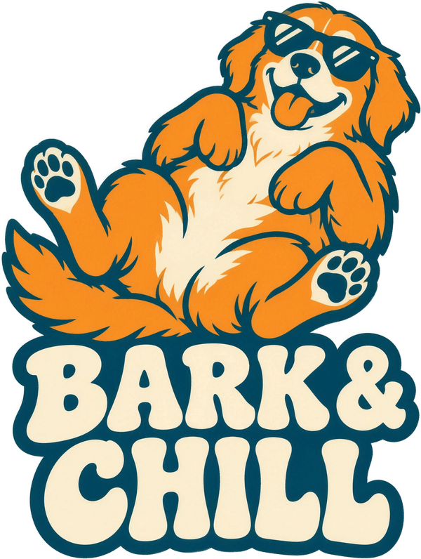 Golden retriever lying on its back wearing sunglasses, Bark and Chill logo
